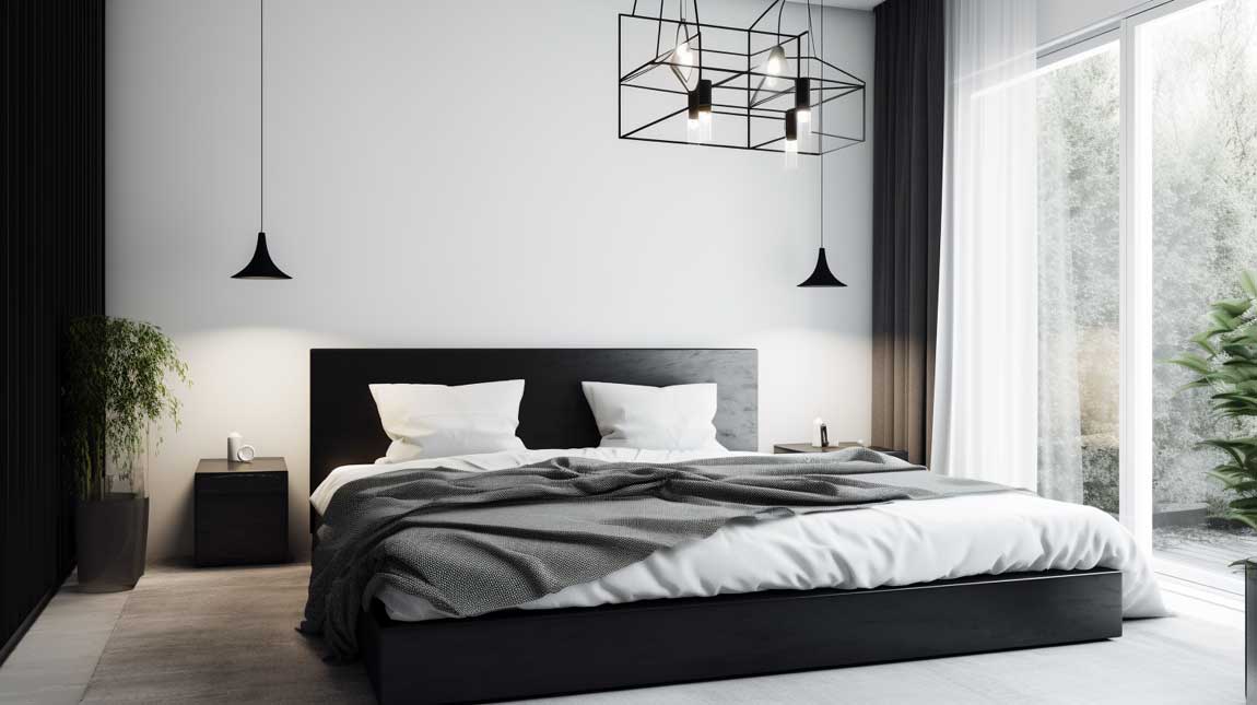 Black and white bedroom with minimalist design and clean lines
