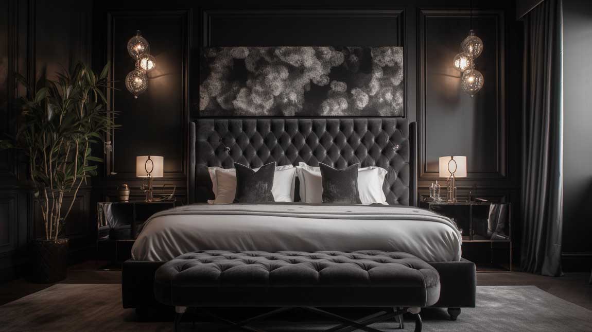 Glamorous black bedroom with luxurious textures and metallic accents
