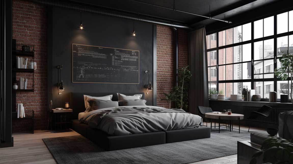 Industrial-inspired black bedroom with exposed brick and metal accents