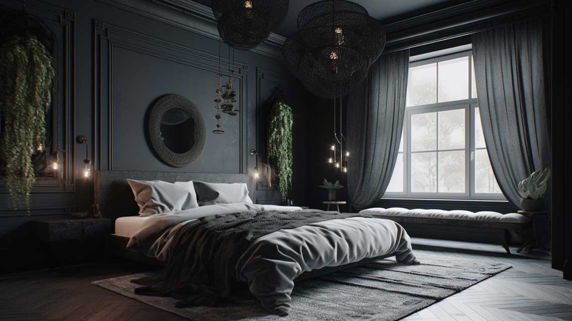 Romantic black bedroom with soft textures and ambient lighting