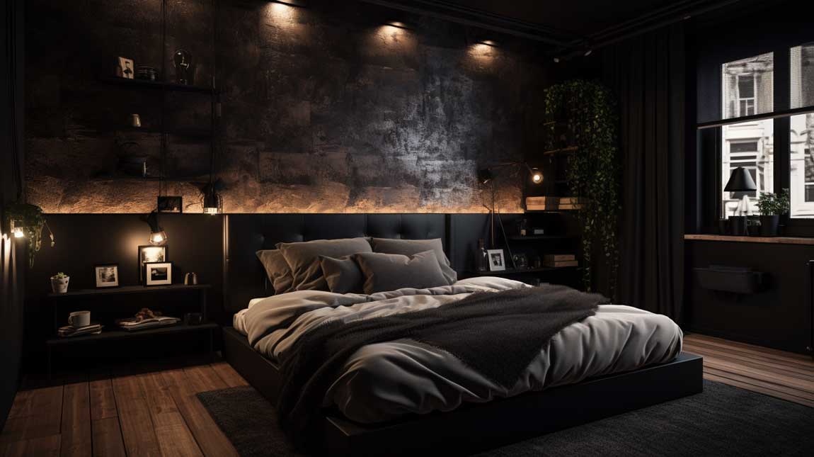 Romantic black bedroom with soft textures and ambient lighting