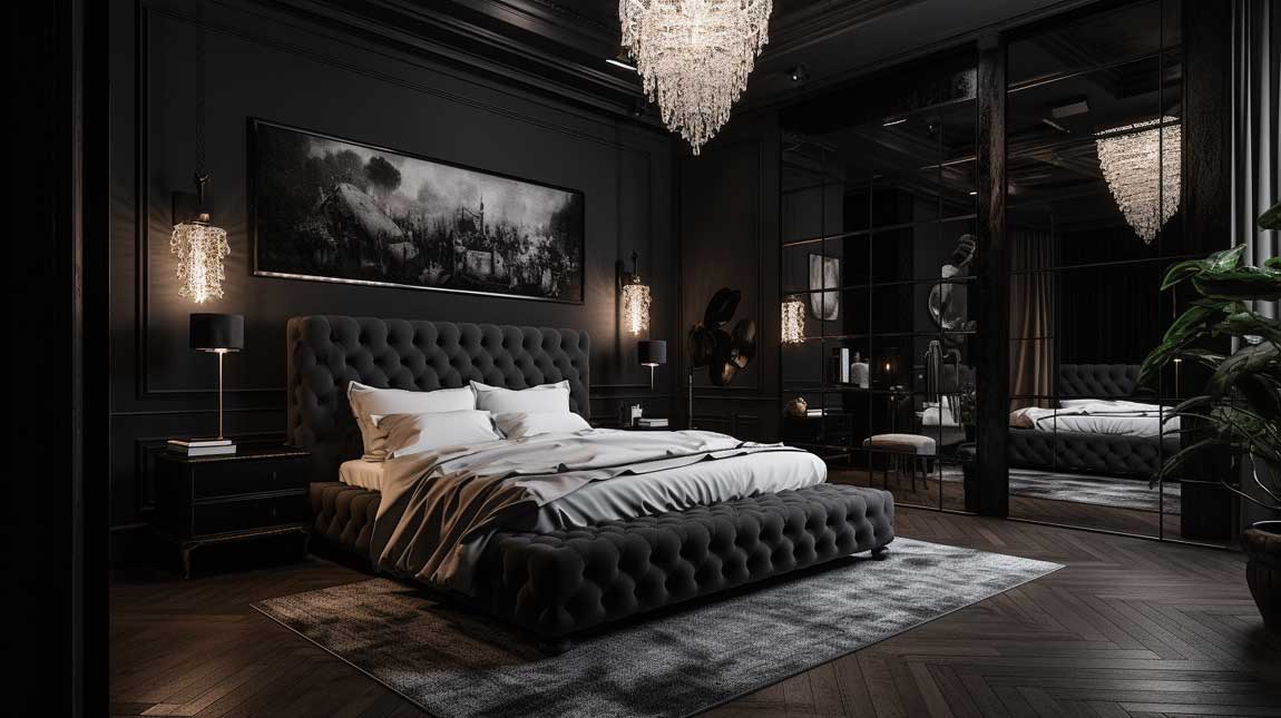 Romantic black bedroom with soft textures and ambient lighting