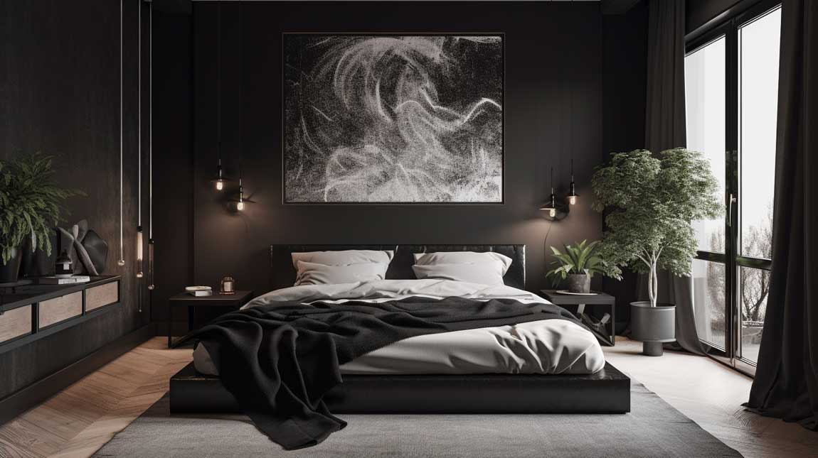 Black and white bedroom with minimalist design and clean lines
