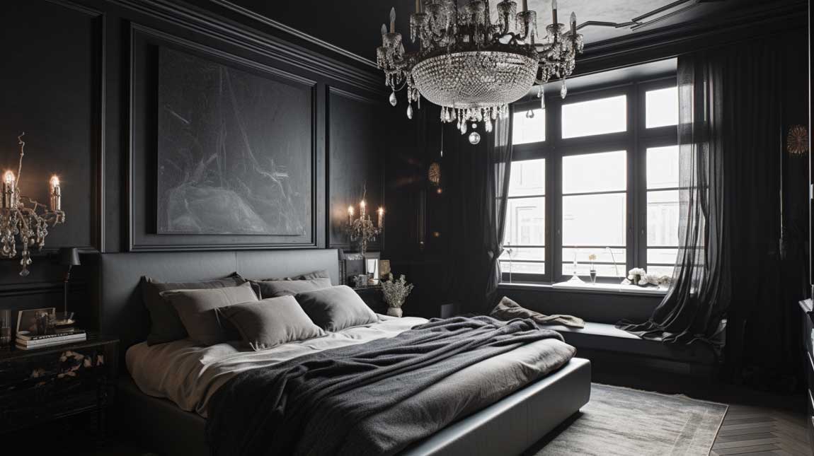 Black bedroom with a statement chandelier and sophisticated decor