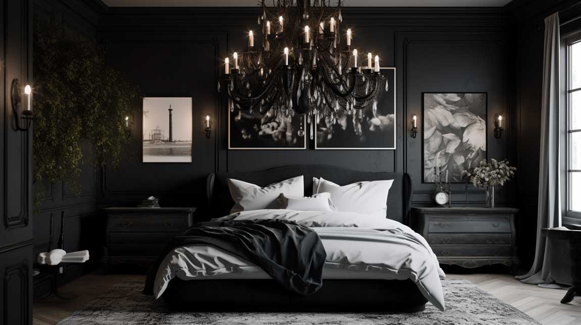 Black bedroom with a statement chandelier and sophisticated decor