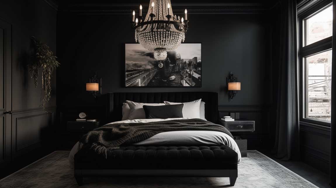 Black bedroom with a statement chandelier and sophisticated decor