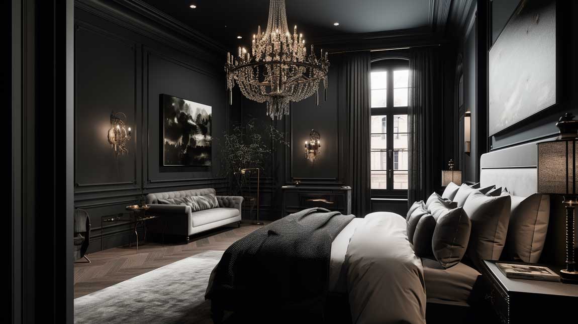 Black bedroom with a statement chandelier and sophisticated decor