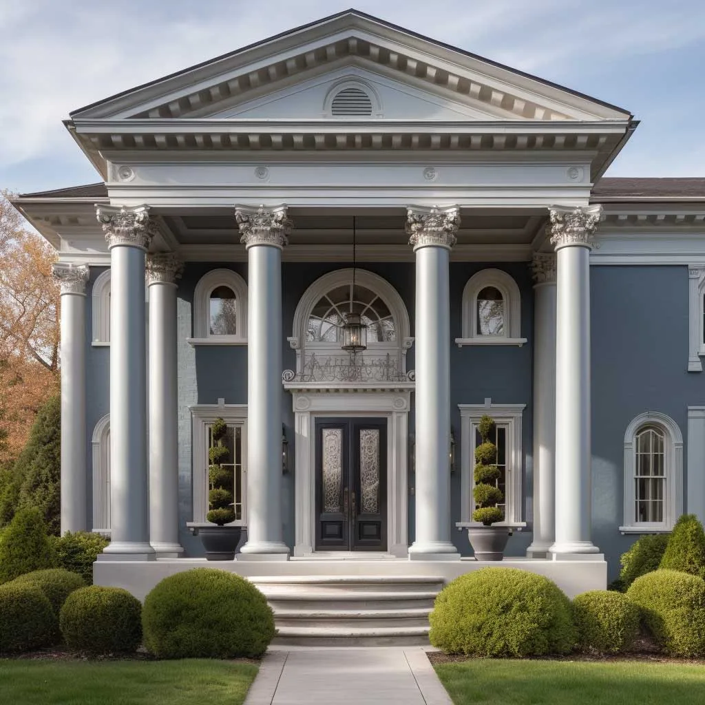 Classical blue grey house with a covered entryway and stately columns