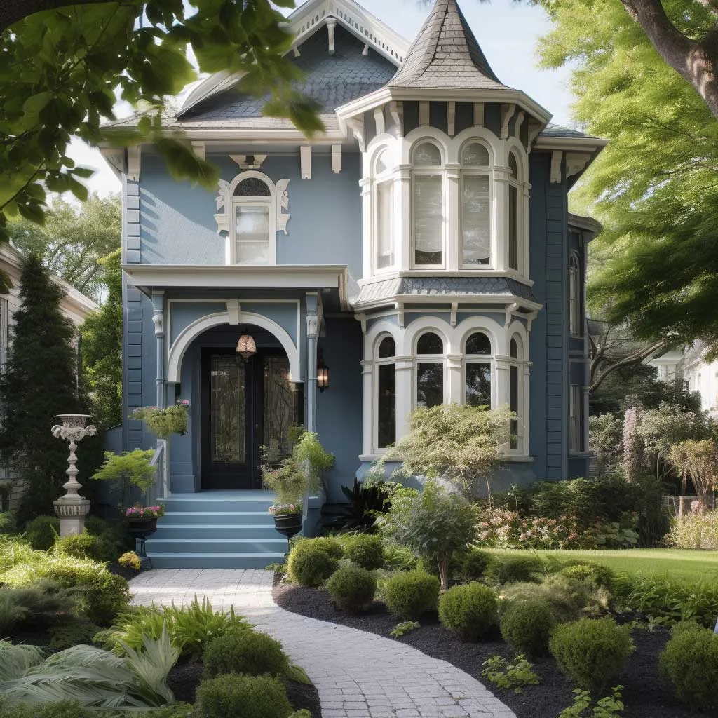 Classical blue grey house with ornate architectural details and a beautifully landscaped front yard
