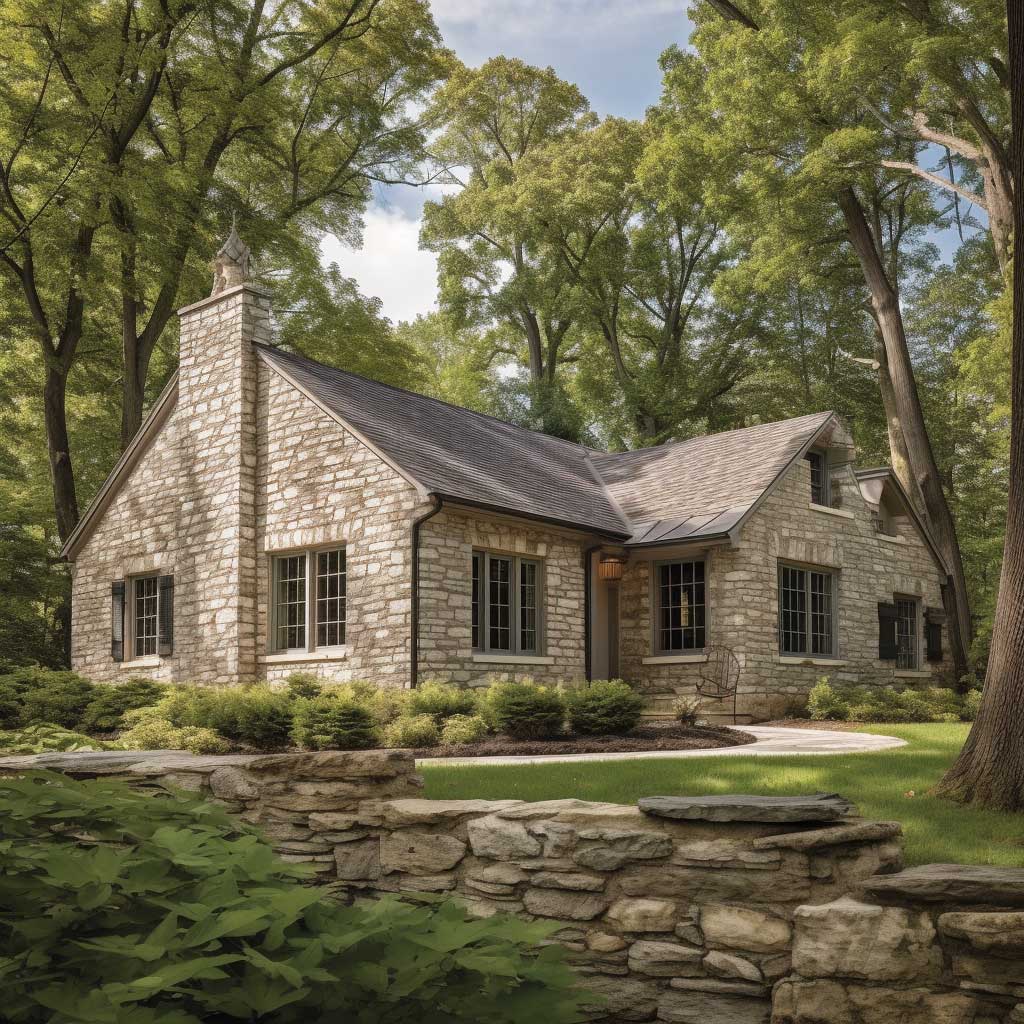 A cozy, single-story home featuring a Certainteed stone facade, nestled among mature trees.