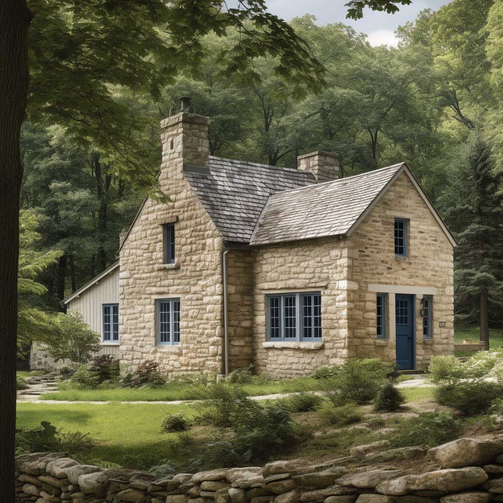 A rural cottage displaying a Certainteed stone facade, set amidst a serene, woodland setting.
