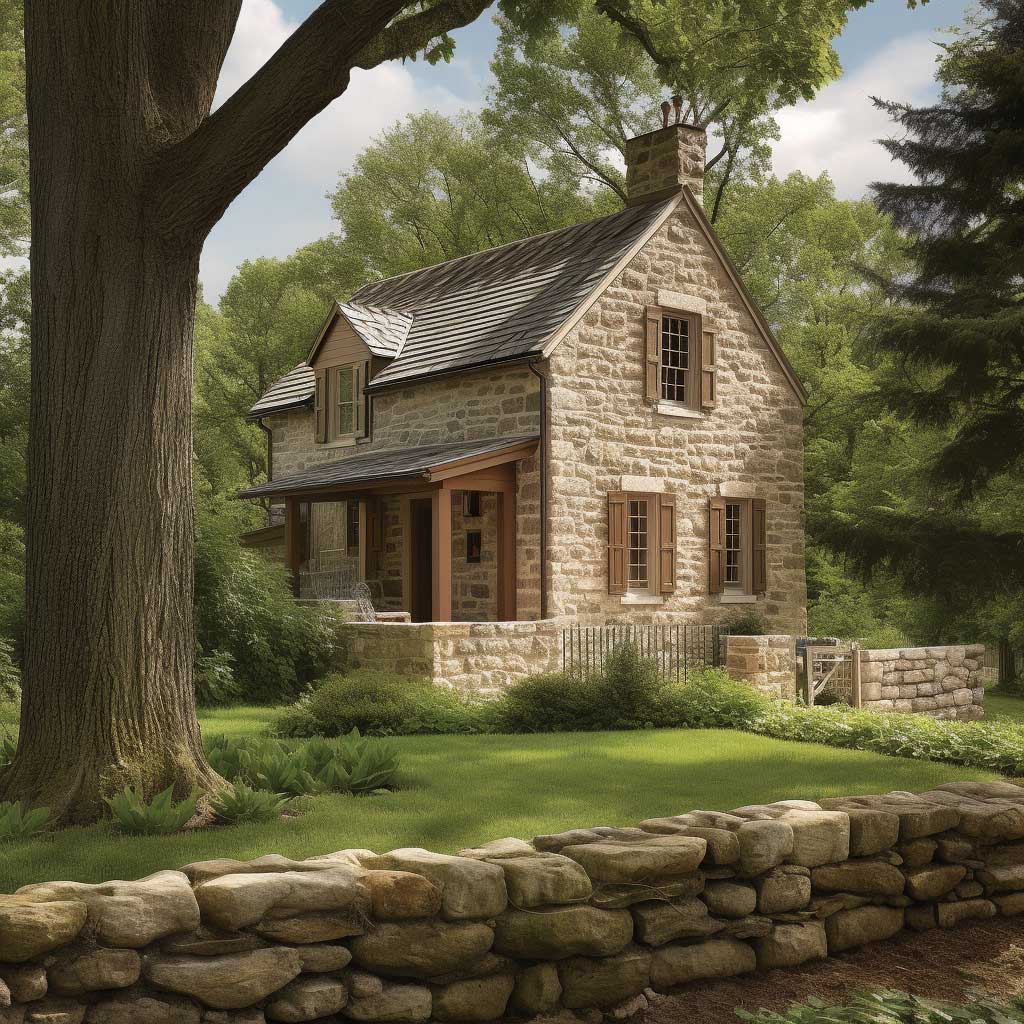 A rural cottage displaying a Certainteed stone facade, set amidst a serene, woodland setting.