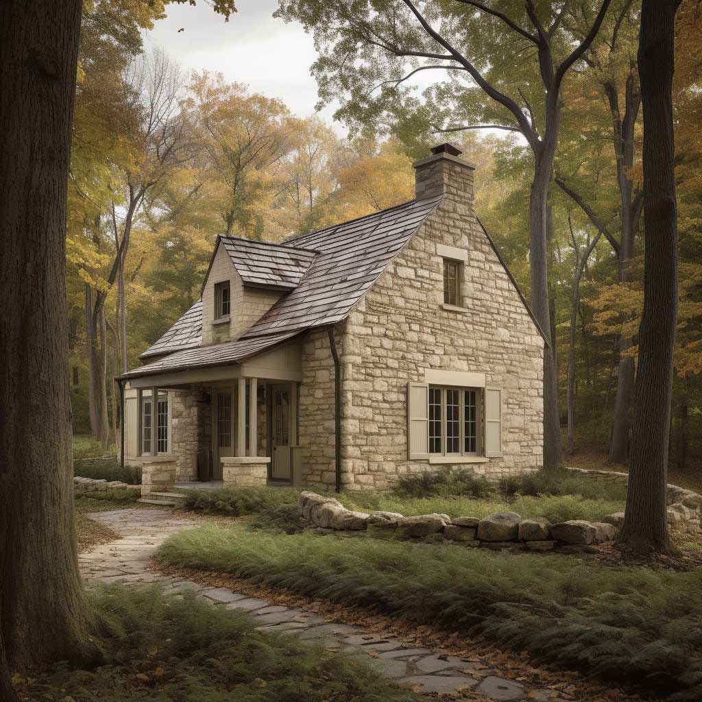 A rural cottage displaying a Certainteed stone facade, set amidst a serene, woodland setting.