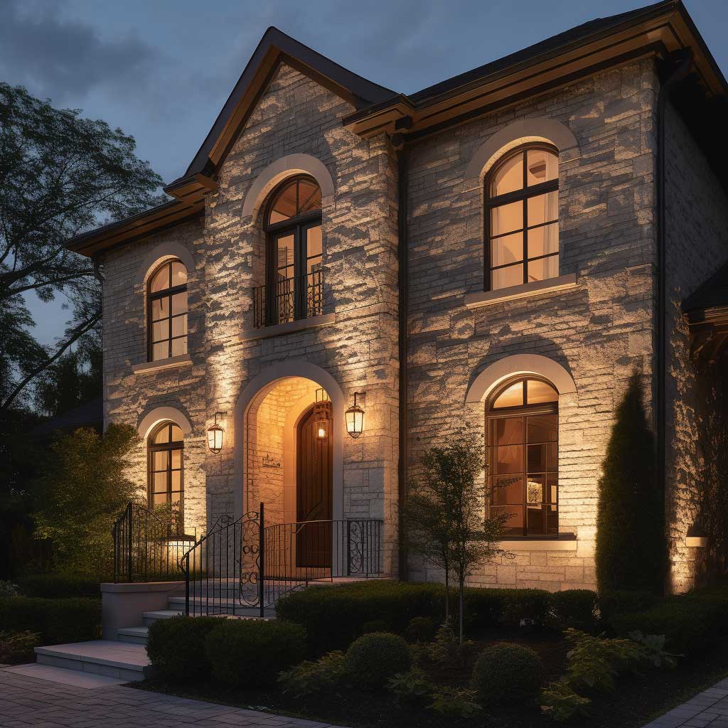 An elegant residential property showcasing Certainteed stone facade exterior with soft, ambient evening light.