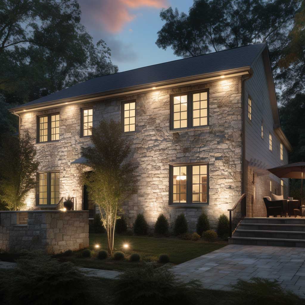 An elegant residential property showcasing Certainteed stone facade exterior with soft, ambient evening light.