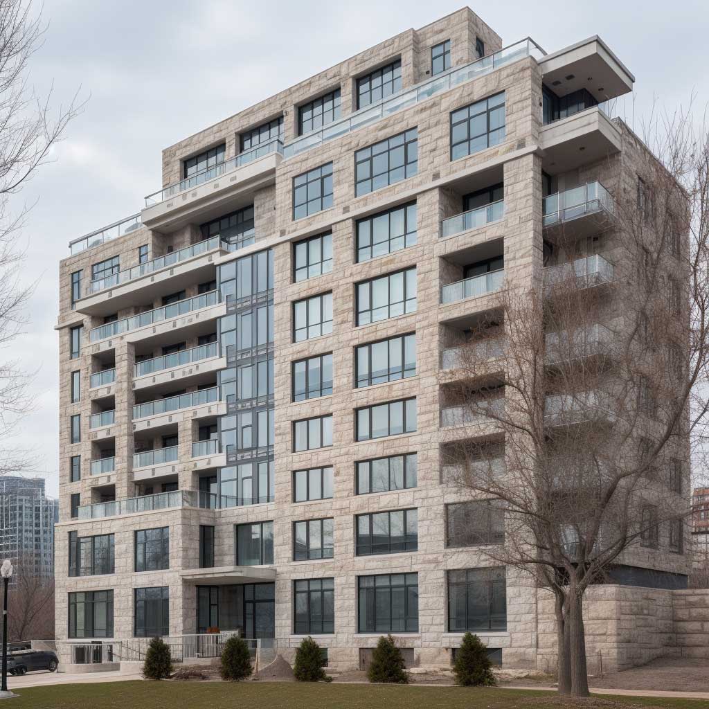 An upscale city apartment building made distinct with a Certainteed stone facade, set against a bustling city backdrop.