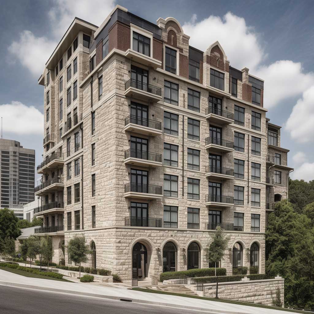 An upscale city apartment building made distinct with a Certainteed stone facade, set against a bustling city backdrop.