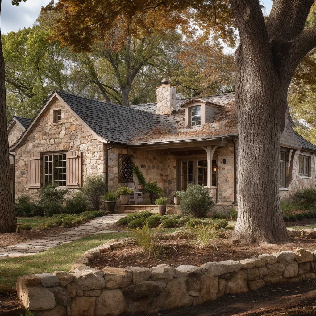 A cozy, single-story home featuring a Certainteed stone facade, nestled among mature trees.