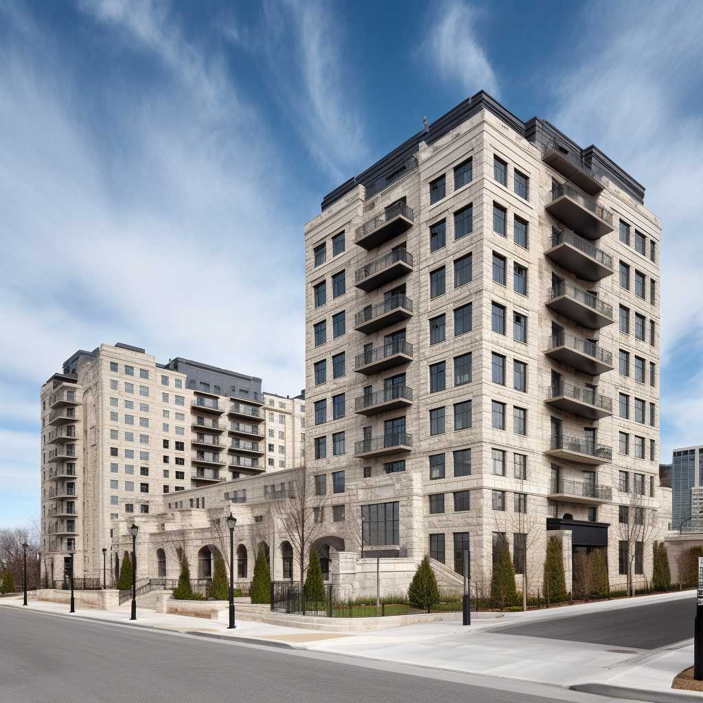 An upscale city apartment building made distinct with a Certainteed stone facade, set against a bustling city backdrop.
