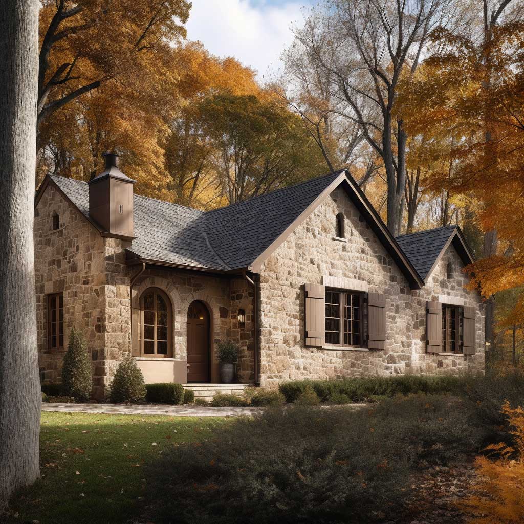 A cozy, single-story home featuring a Certainteed stone facade, nestled among mature trees.