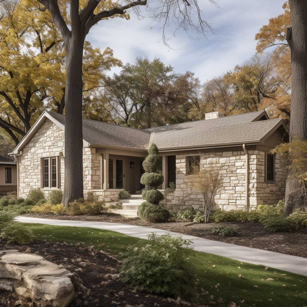 A cozy, single-story home featuring a Certainteed stone facade, nestled among mature trees.