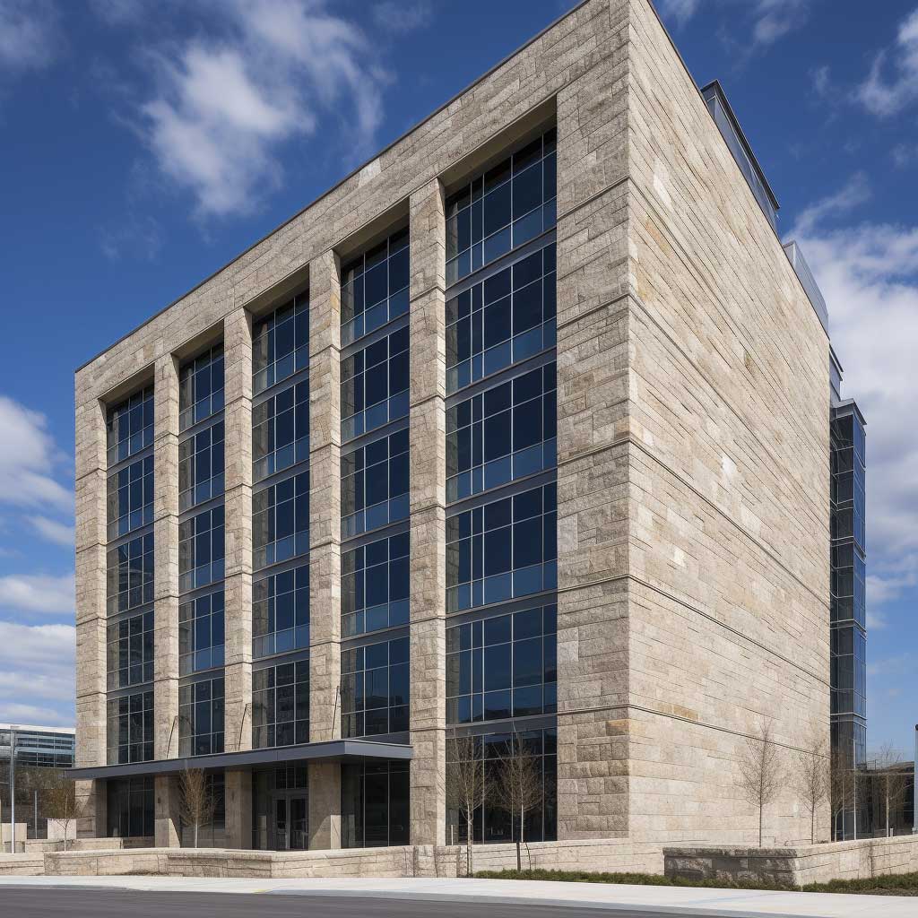 A modern, multi-story commercial building featuring Certainteed stone facade, juxtaposed against a clear blue sky.