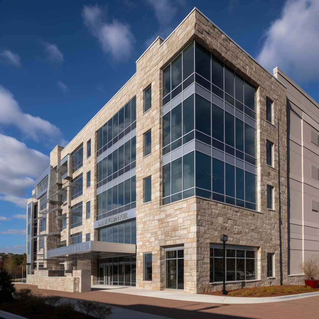 A modern, multi-story commercial building featuring Certainteed stone facade, juxtaposed against a clear blue sky.
