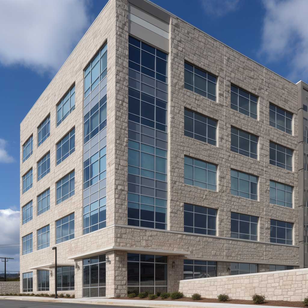 A modern, multi-story commercial building featuring Certainteed stone facade, juxtaposed against a clear blue sky.
