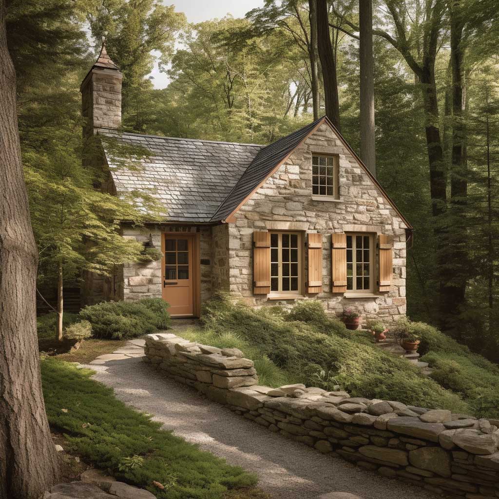 A rural cottage displaying a Certainteed stone facade, set amidst a serene, woodland setting.