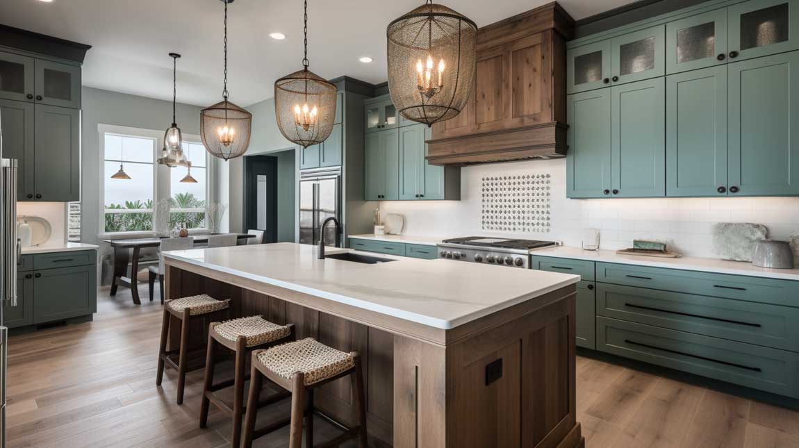 Coastal modern kitchen with a unique island and pendant lighting