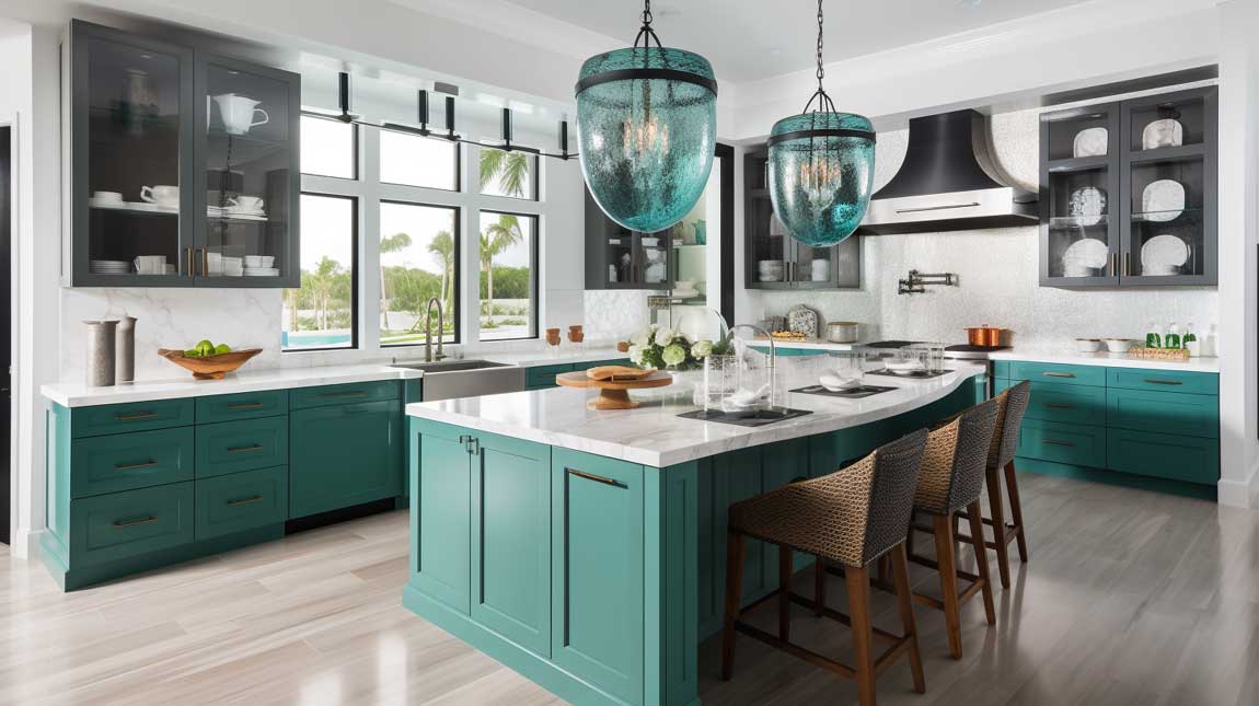 Coastal modern kitchen with a unique island and pendant lighting