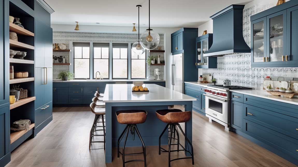 Coastal modern kitchen with blue cabinets and open shelving