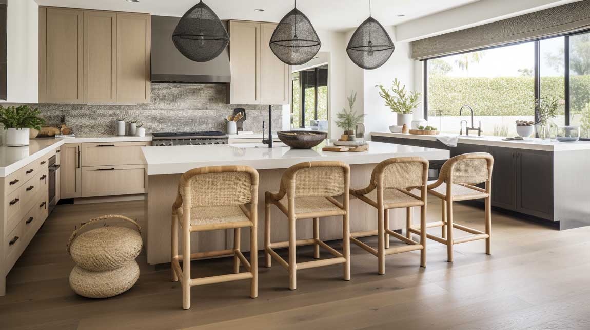 Coastal modern kitchen with exposed wooden beams and rattan barstools