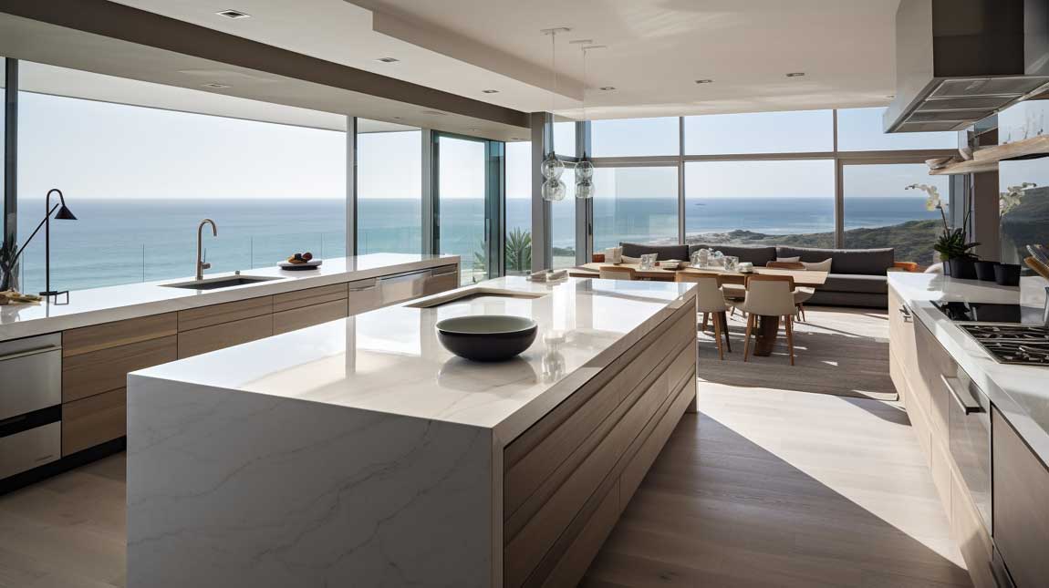 Spacious coastal modern kitchen with a stunning ocean view