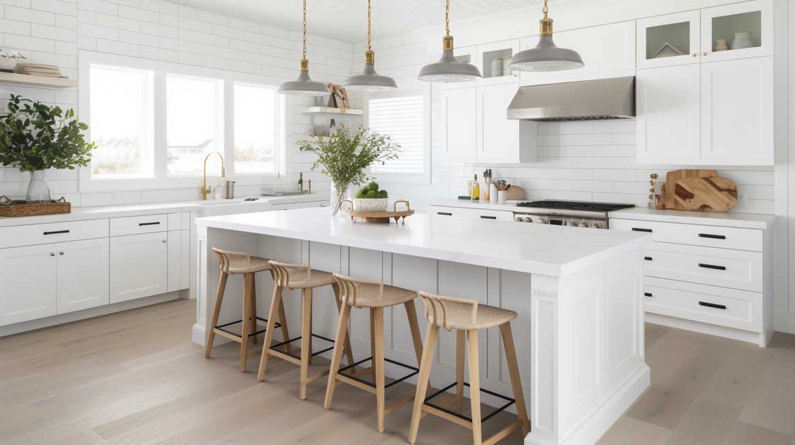 A bright coastal modern kitchen with a large island and shiplap details