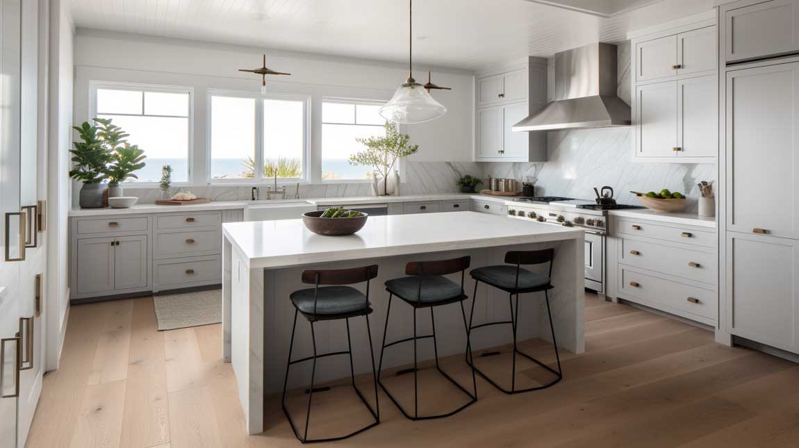 A serene coastal modern kitchen with a white and gray color scheme
