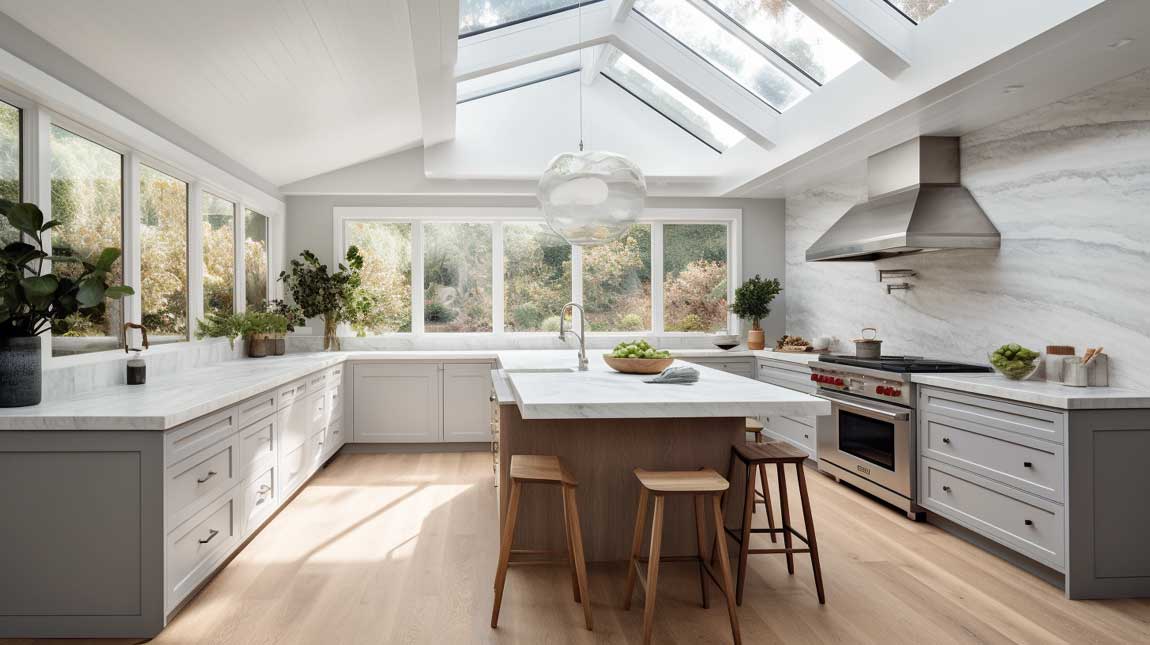 Airy coastal modern kitchen with a vaulted ceiling and skylights