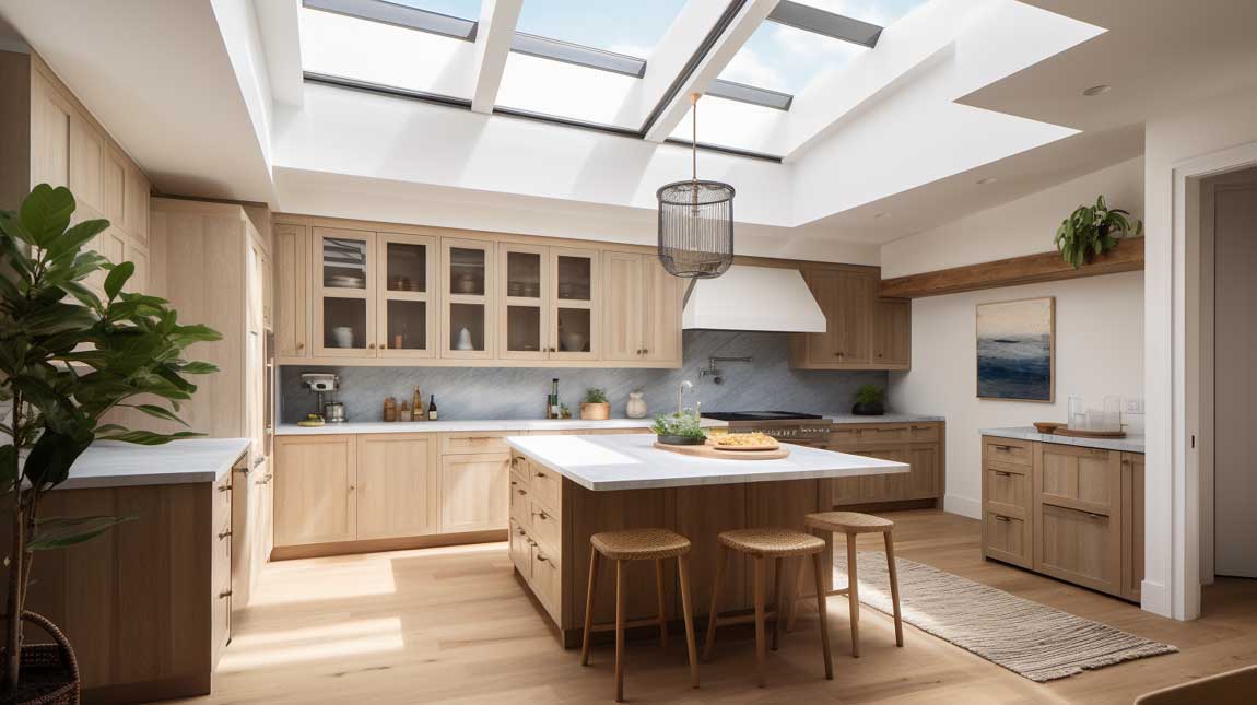 Airy coastal modern kitchen with a vaulted ceiling and skylights