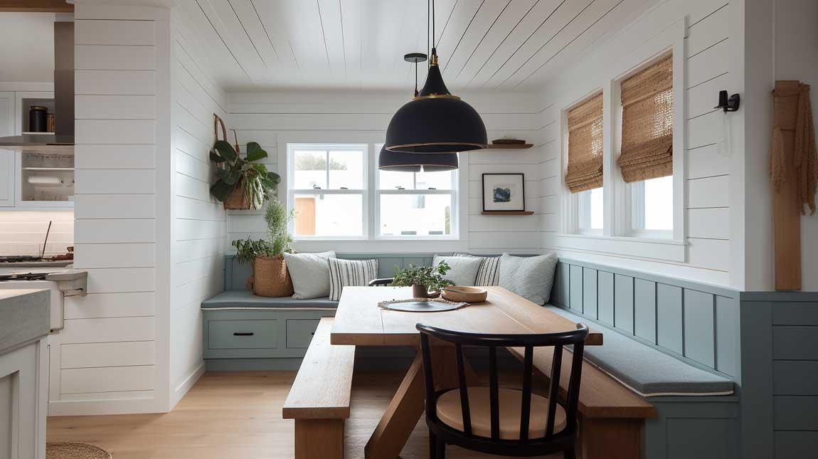 Coastal modern kitchen with a cozy dining nook and shiplap walls