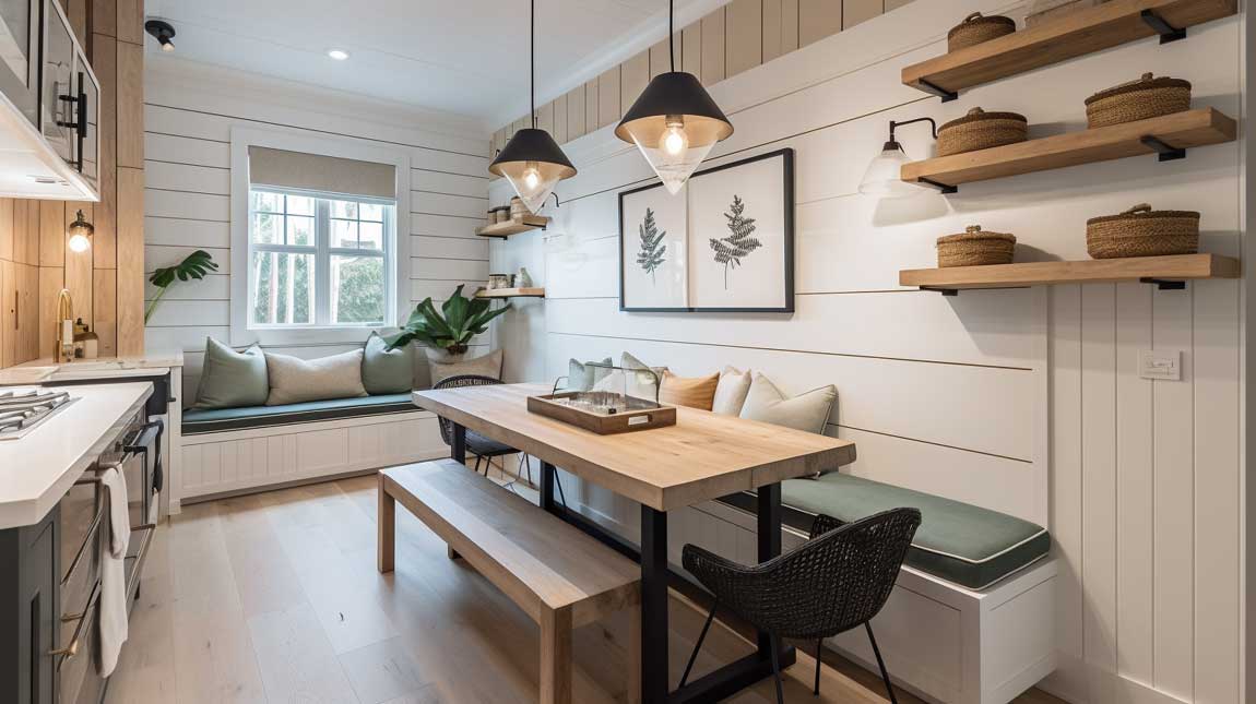 Coastal modern kitchen with a cozy dining nook and shiplap walls