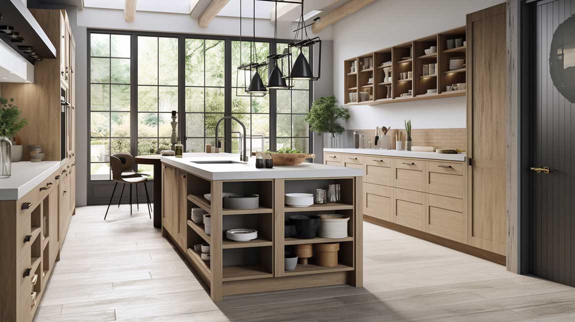 Coastal modern kitchen with a mix of open and closed storage solutions