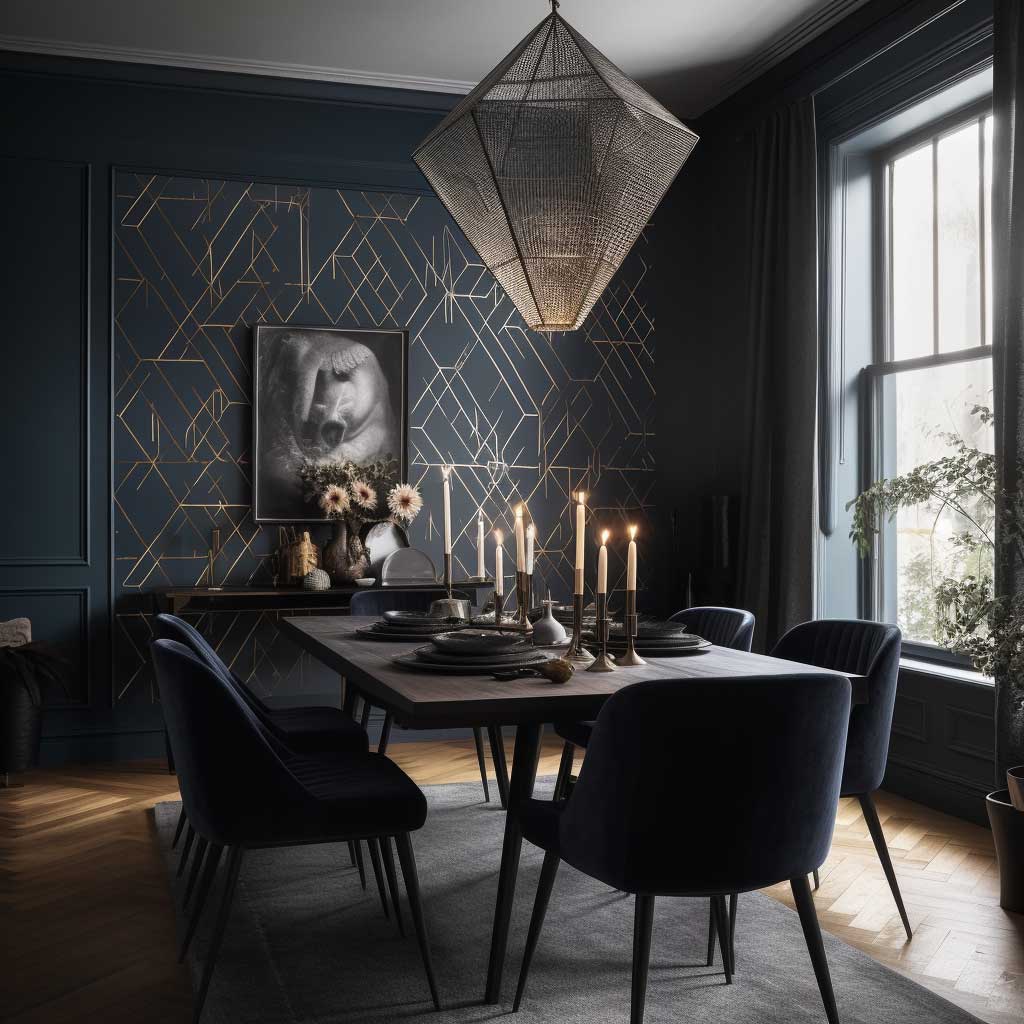 A dark geometric wallpaper enhancing the ambiance in a luxurious dining room.