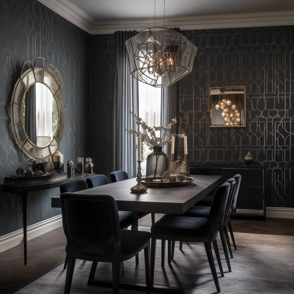 A dark geometric wallpaper enhancing the ambiance in a luxurious dining room.