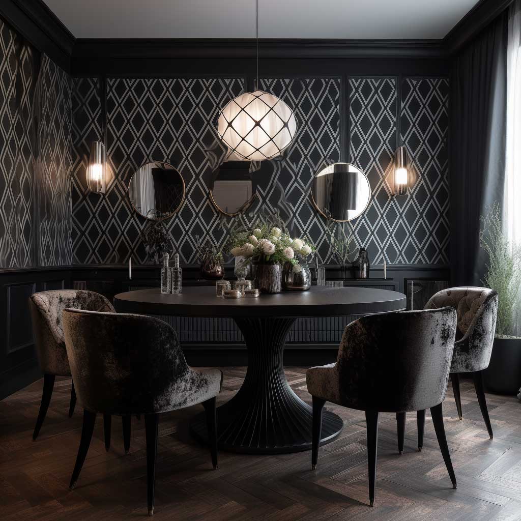 A dark geometric wallpaper enhancing the ambiance in a luxurious dining room.