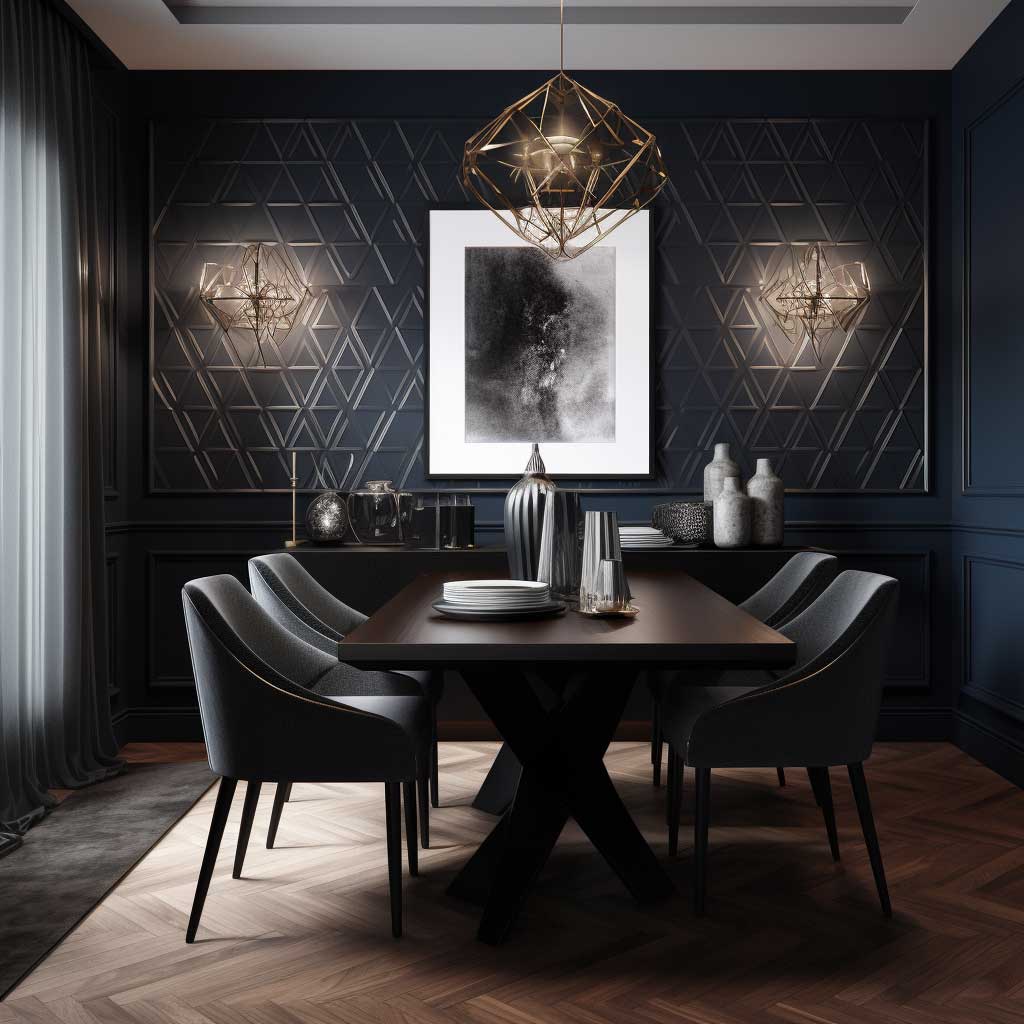 A dark geometric wallpaper enhancing the ambiance in a luxurious dining room.