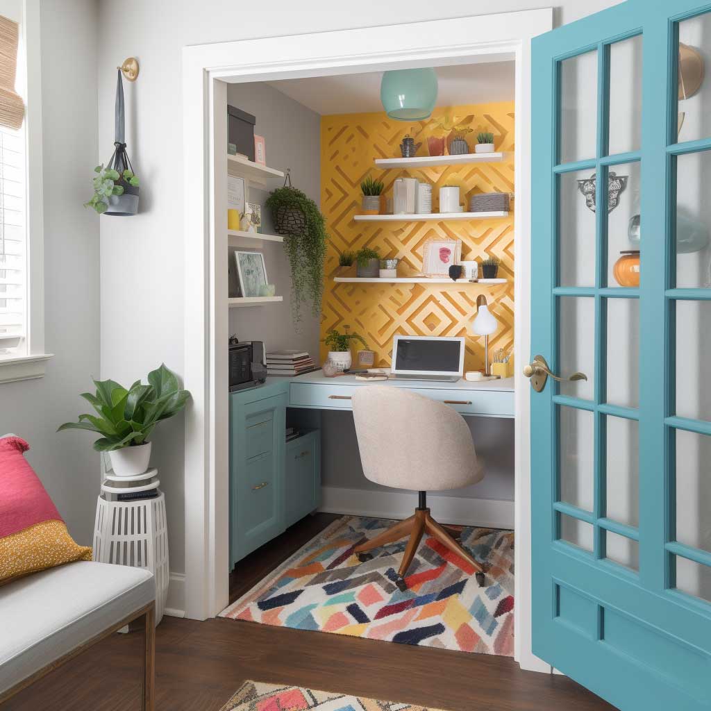 A cozy home office featuring a vibrant DIY geometric door, adding a splash of creativity and color to the workspace.