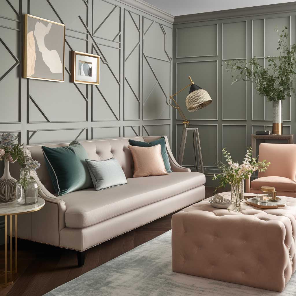 A stylish living room featuring DIY geometric panelling, creating a contemporary and chic atmosphere.