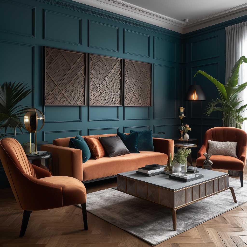 A stylish living room featuring DIY geometric panelling, creating a contemporary and chic atmosphere.