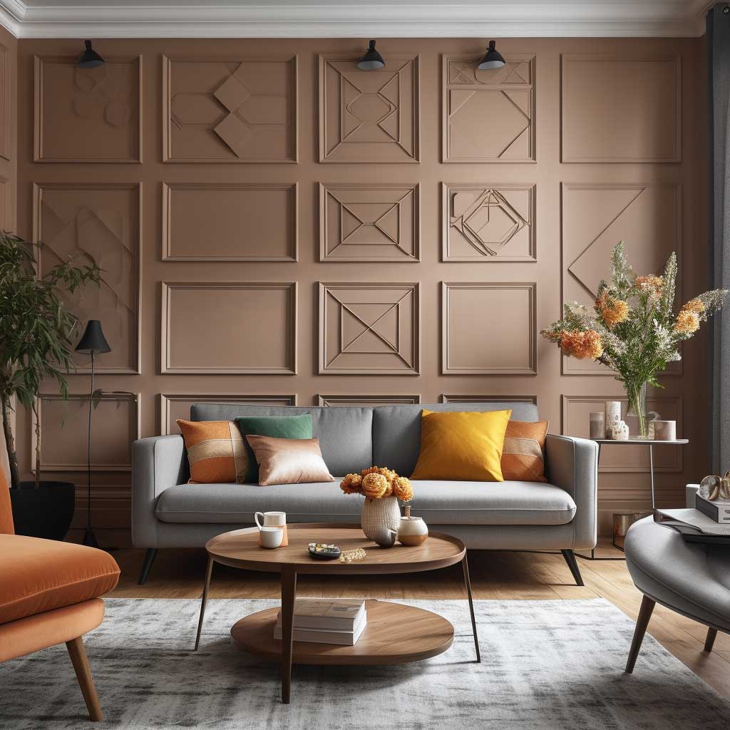 A stylish living room featuring DIY geometric panelling, creating a contemporary and chic atmosphere.