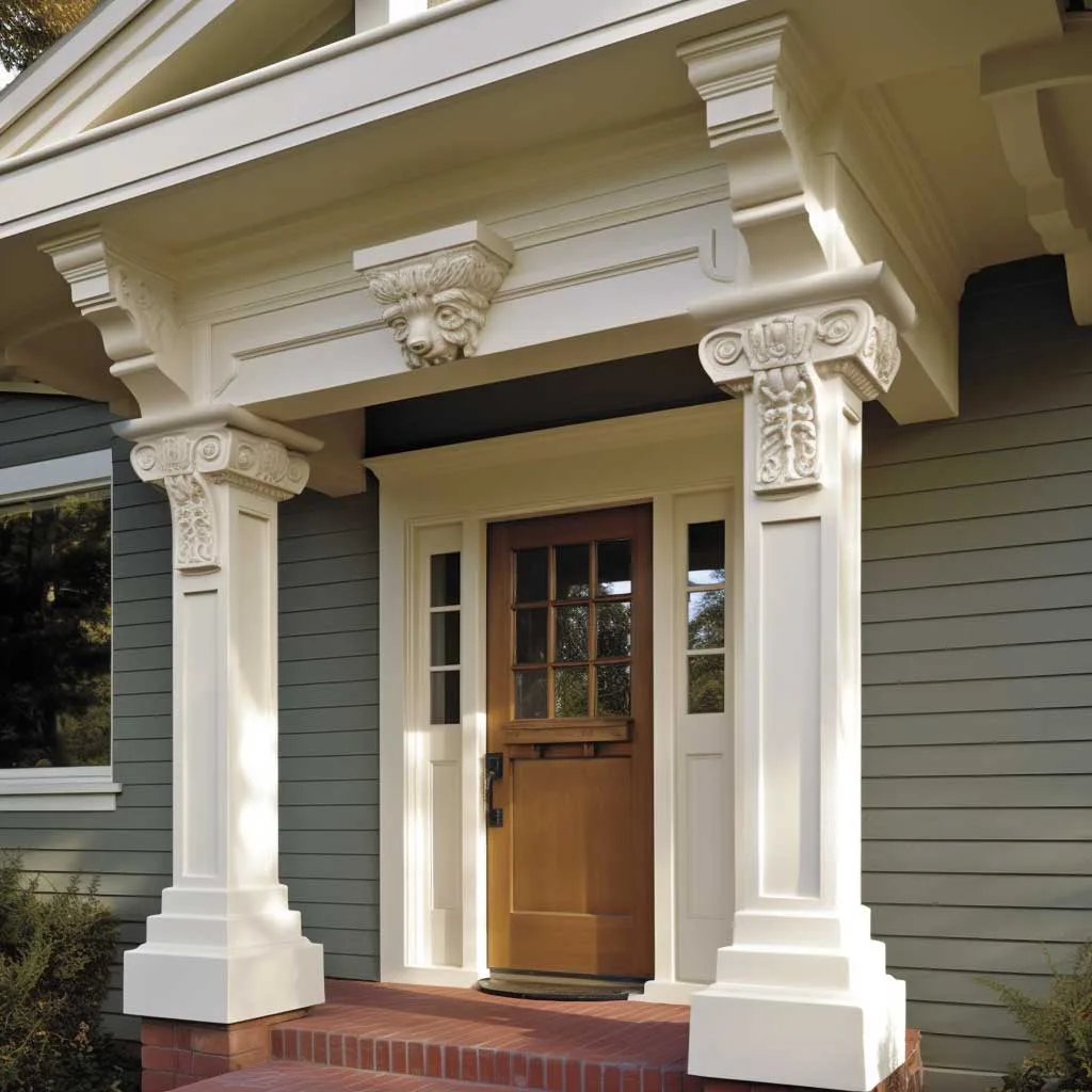 Craftsman-style exterior door header trim with dentil molding and corbels